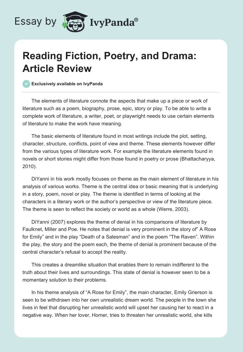 Reading Fiction, Poetry, and Drama: Article Review. Page 1