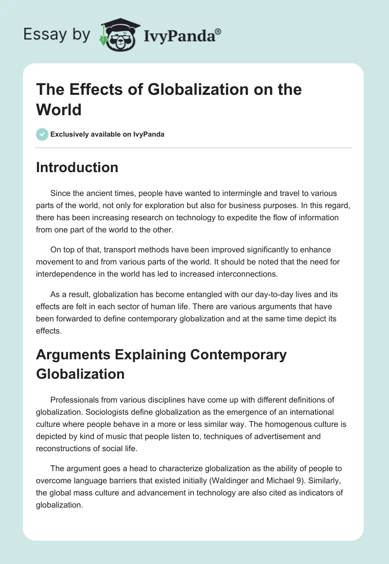 The Effects of Globalization on the World. Page 1