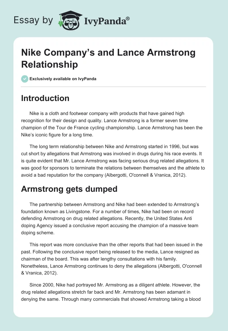 Nike Company’s and Lance Armstrong Relationship. Page 1
