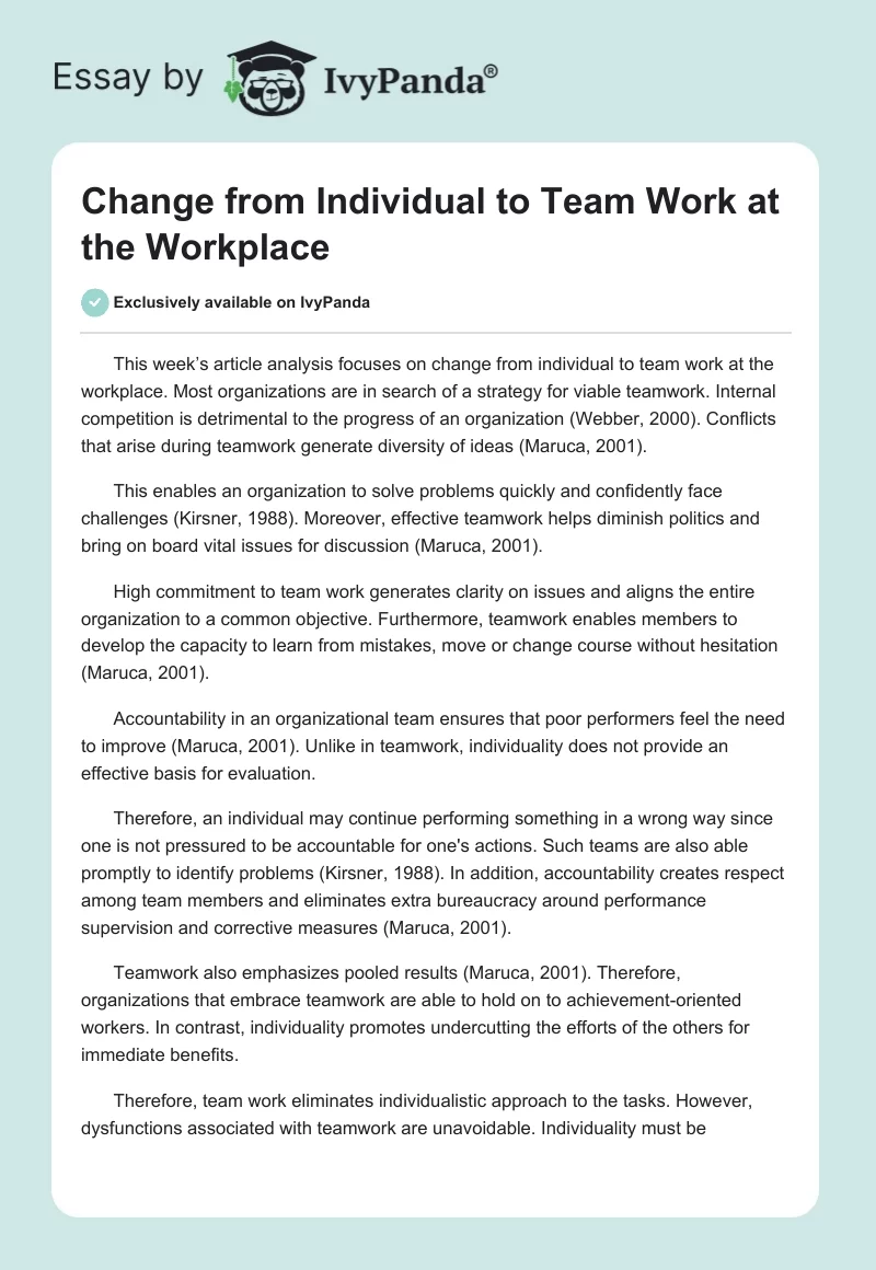 Change from Individual to Team Work at the Workplace. Page 1