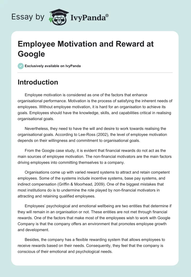 Employee Motivation and Reward at Google. Page 1