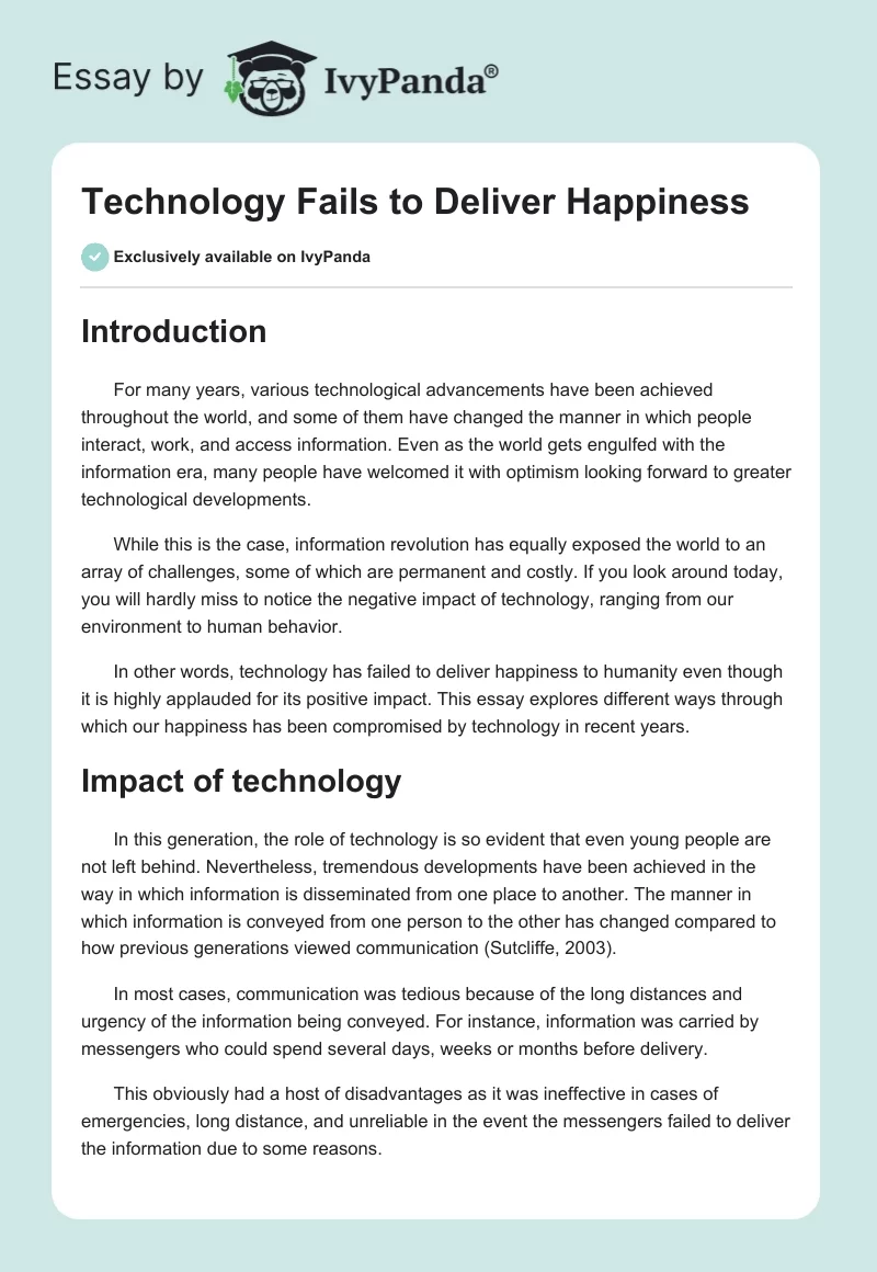 Technology Fails to Deliver Happiness. Page 1