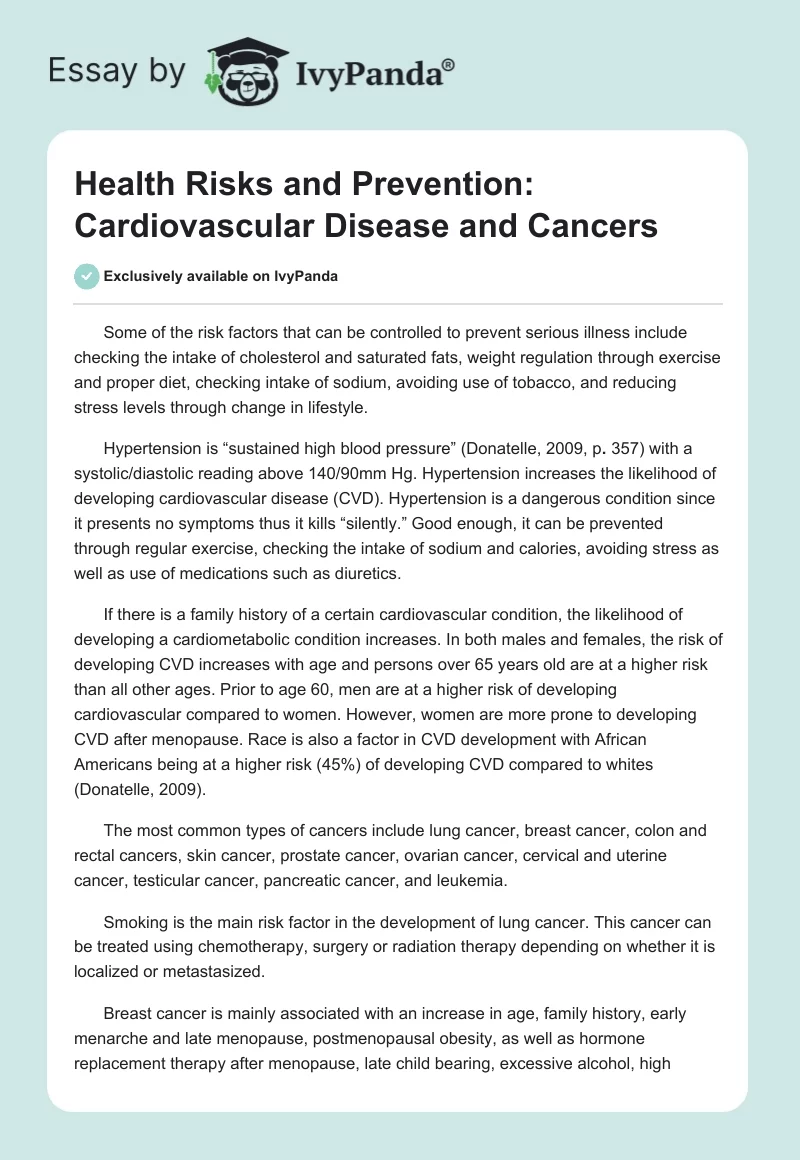 Health Risks and Prevention: Cardiovascular Disease and Cancers. Page 1