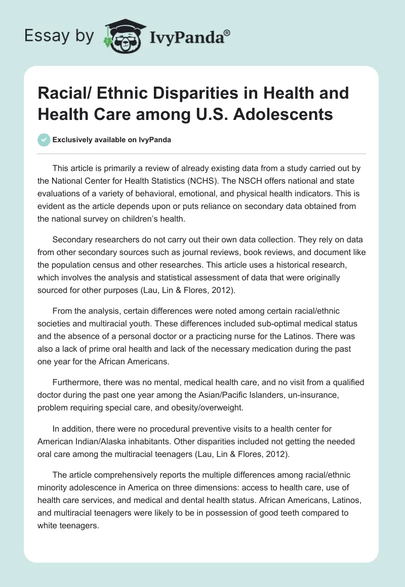 Racial/ Ethnic Disparities in Health and Health Care among U.S. Adolescents. Page 1