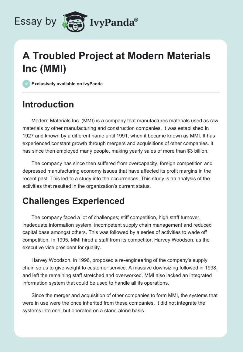 A Troubled Project at Modern Materials Inc (MMI). Page 1