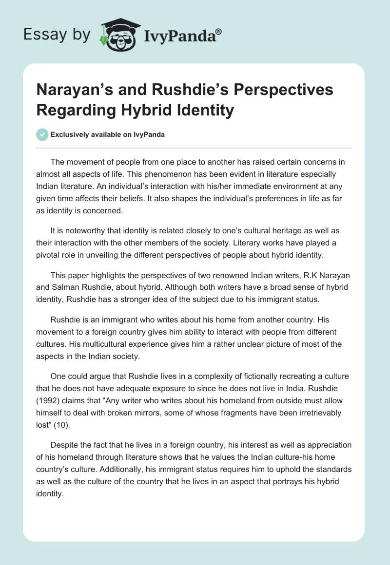 Narayan’s and Rushdie’s Perspectives Regarding Hybrid Identity. Page 1