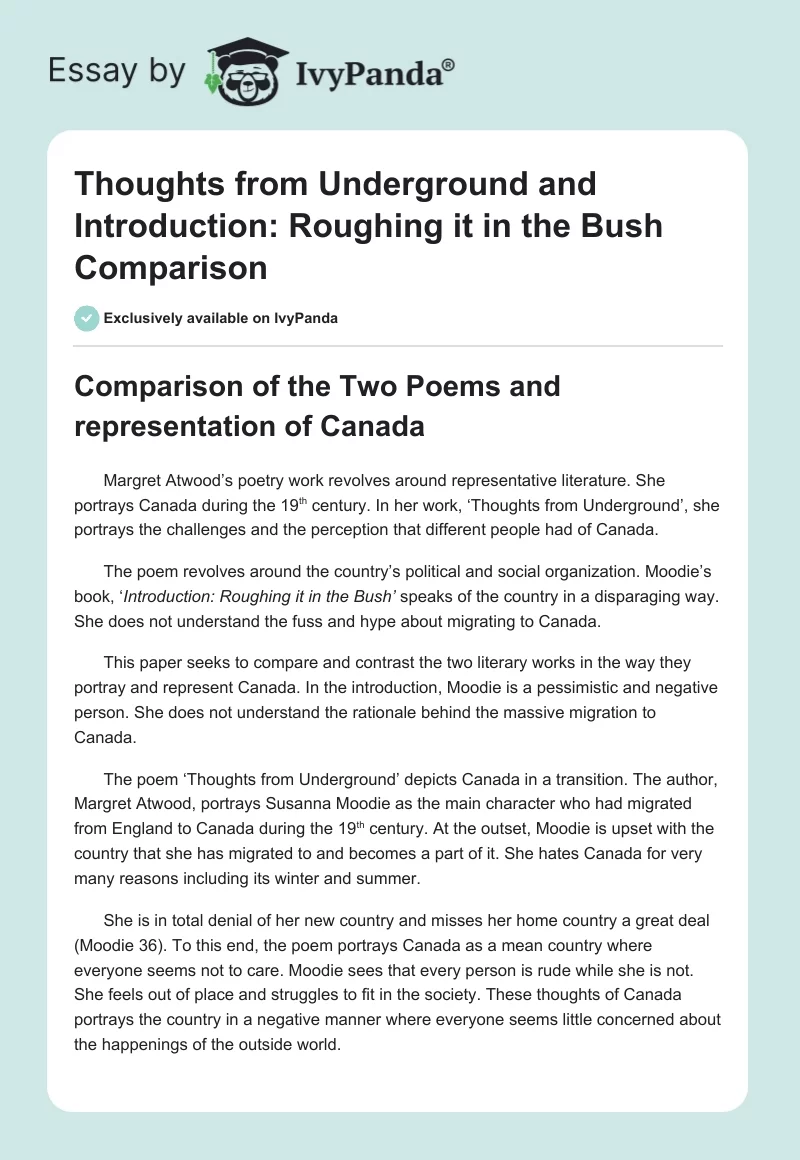 "Thoughts from Underground" and "Introduction: Roughing it in the Bush" Comparison. Page 1