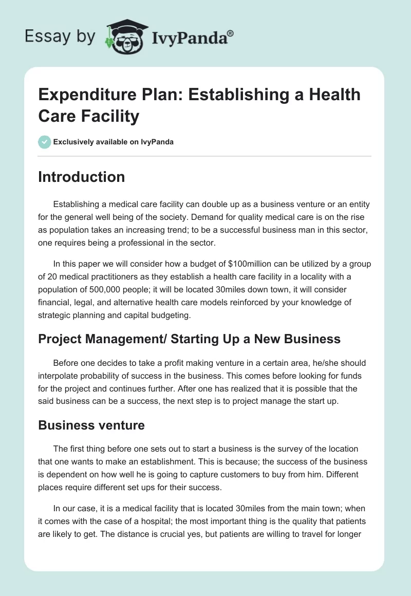 Expenditure Plan: Establishing a Health Care Facility. Page 1