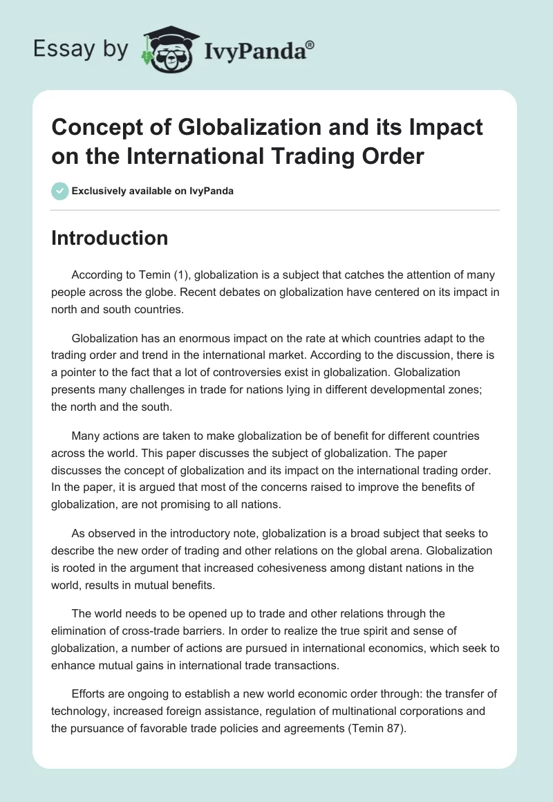 Concept of Globalization and Its Impact on the International Trading Order. Page 1