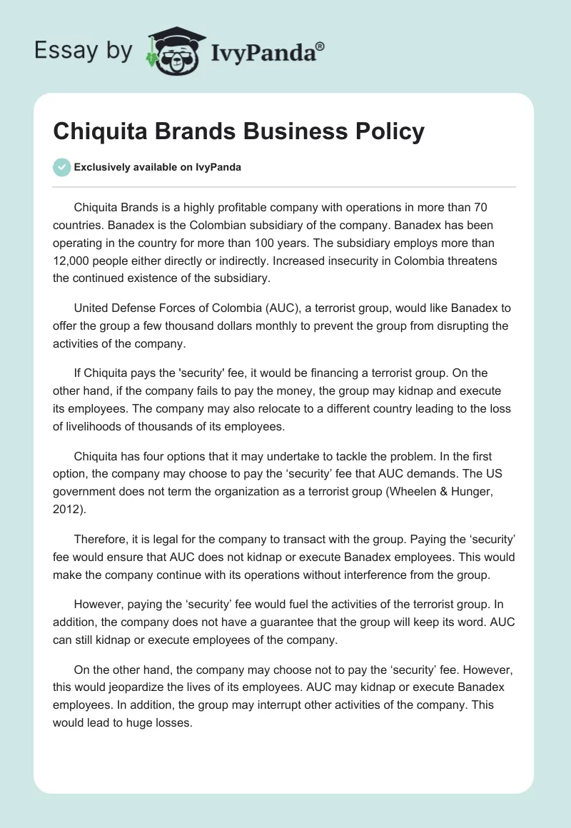 Chiquita Brands Business Policy. Page 1