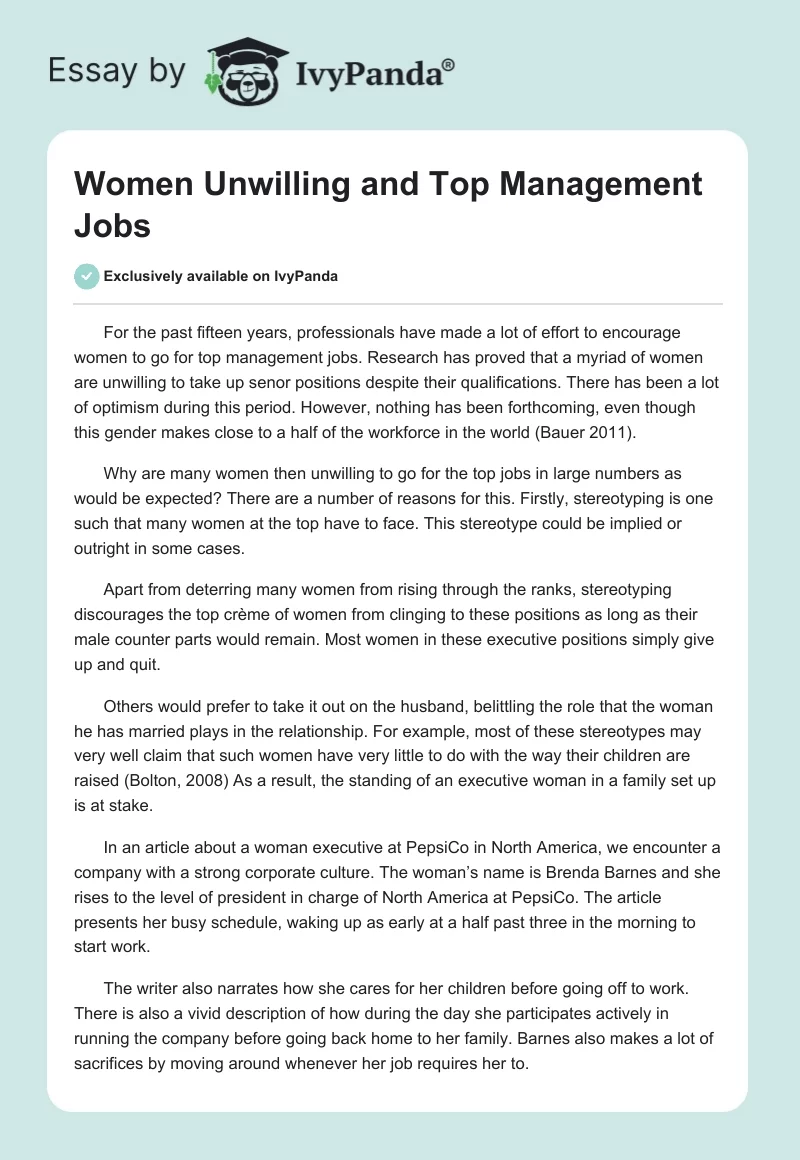 Women Unwilling and Top Management Jobs. Page 1