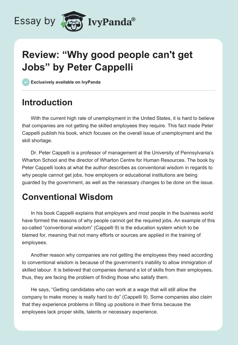 Review: “Why good people can't get Jobs” by Peter Cappelli. Page 1
