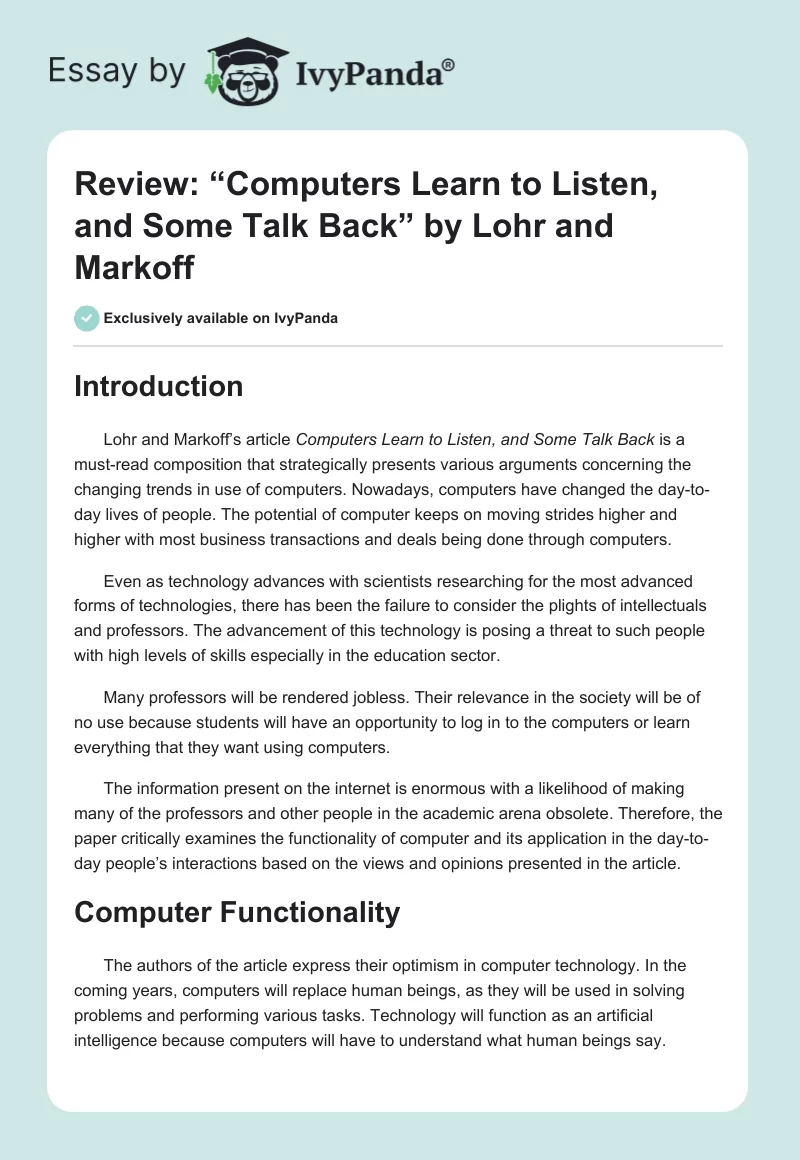 Review: “Computers Learn to Listen, and Some Talk Back” by Lohr and Markoff. Page 1