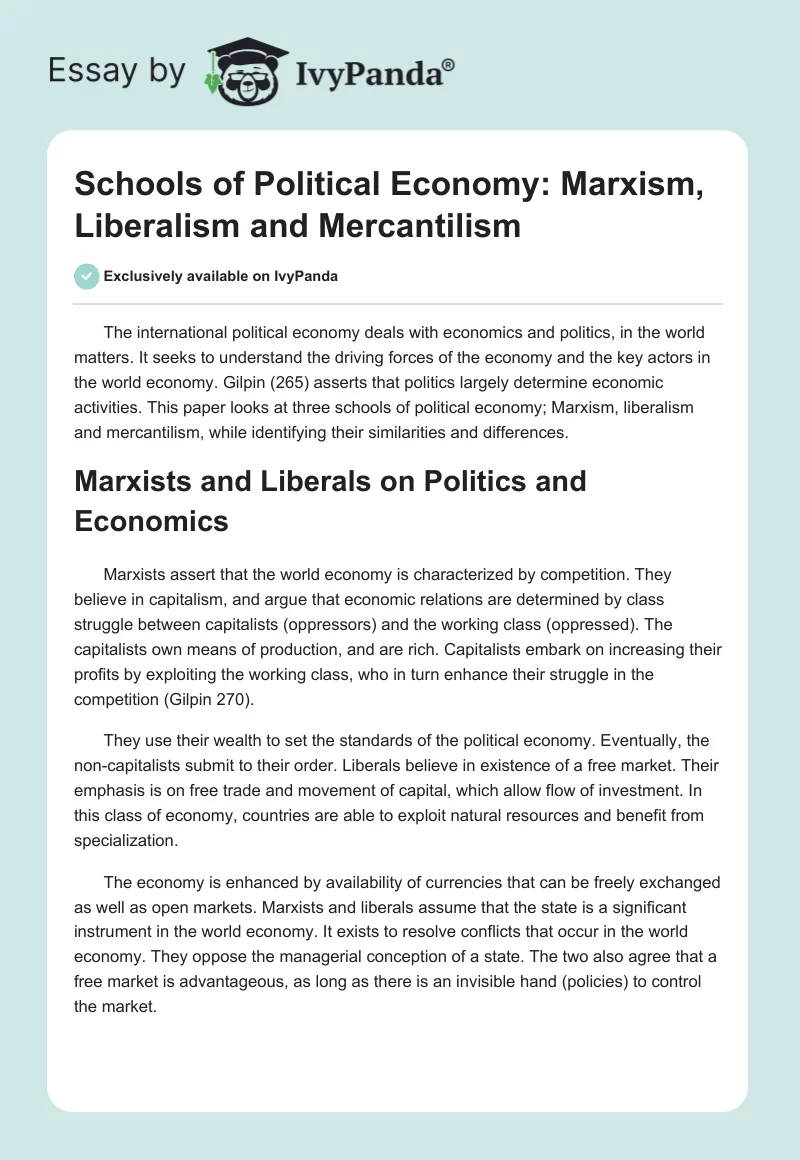 Schools of Political Economy: Marxism, Liberalism and Mercantilism. Page 1