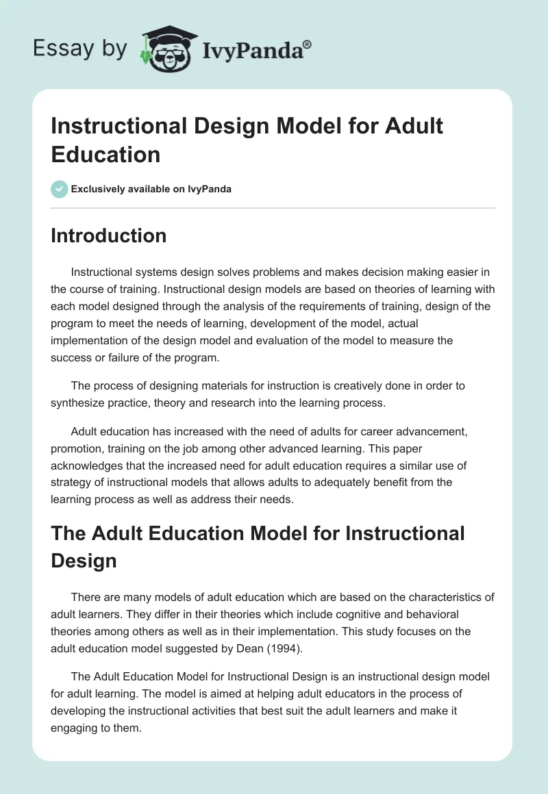 Instructional Design Model for Adult Education. Page 1