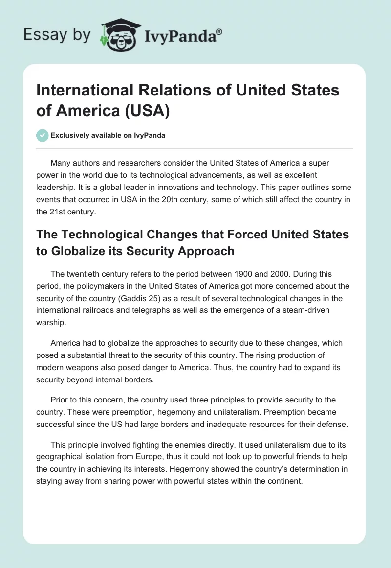 International Relations of United States of America (USA). Page 1
