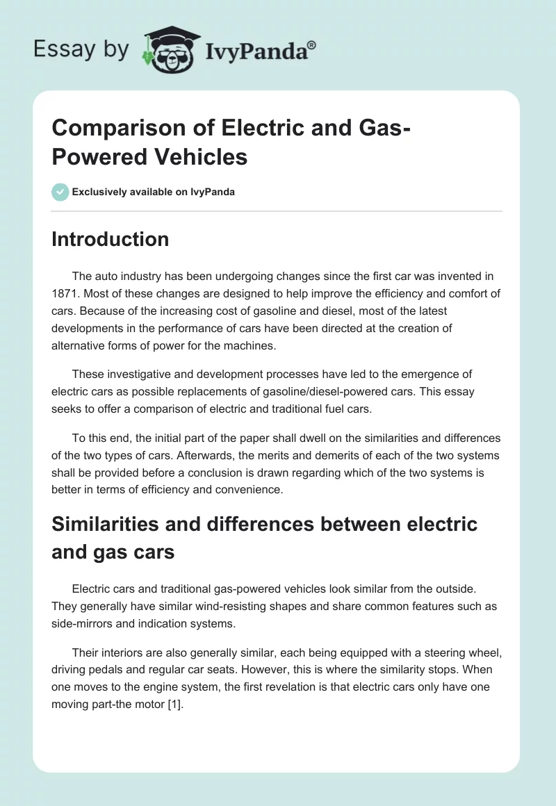 Comparison of Electric and Gas-Powered Vehicles. Page 1