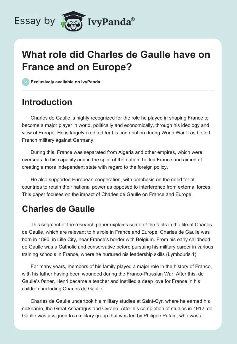What role did Charles de Gaulle have on France and on Europe?. Page 1