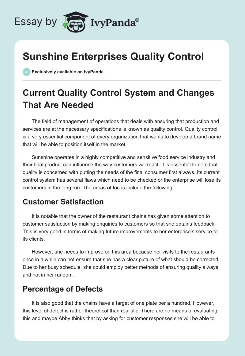 Sunshine Enterprises Quality Control. Page 1