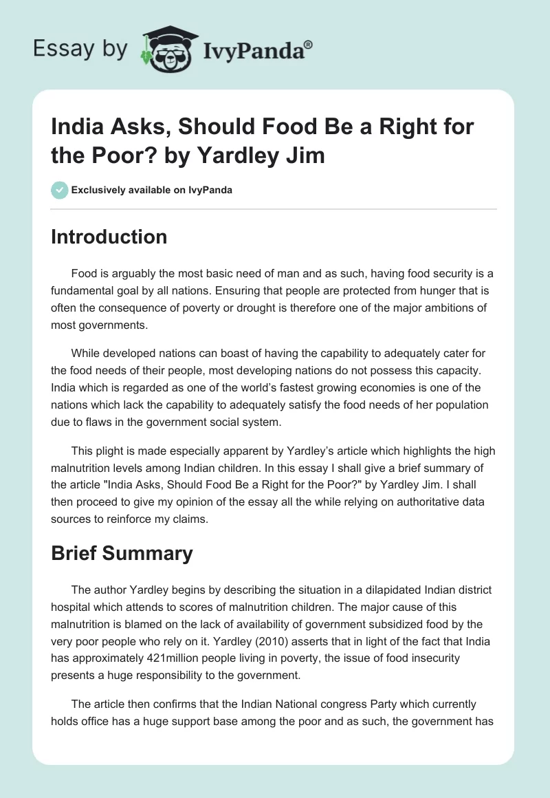 "India Asks, Should Food Be a Right for the Poor?" by Yardley Jim. Page 1