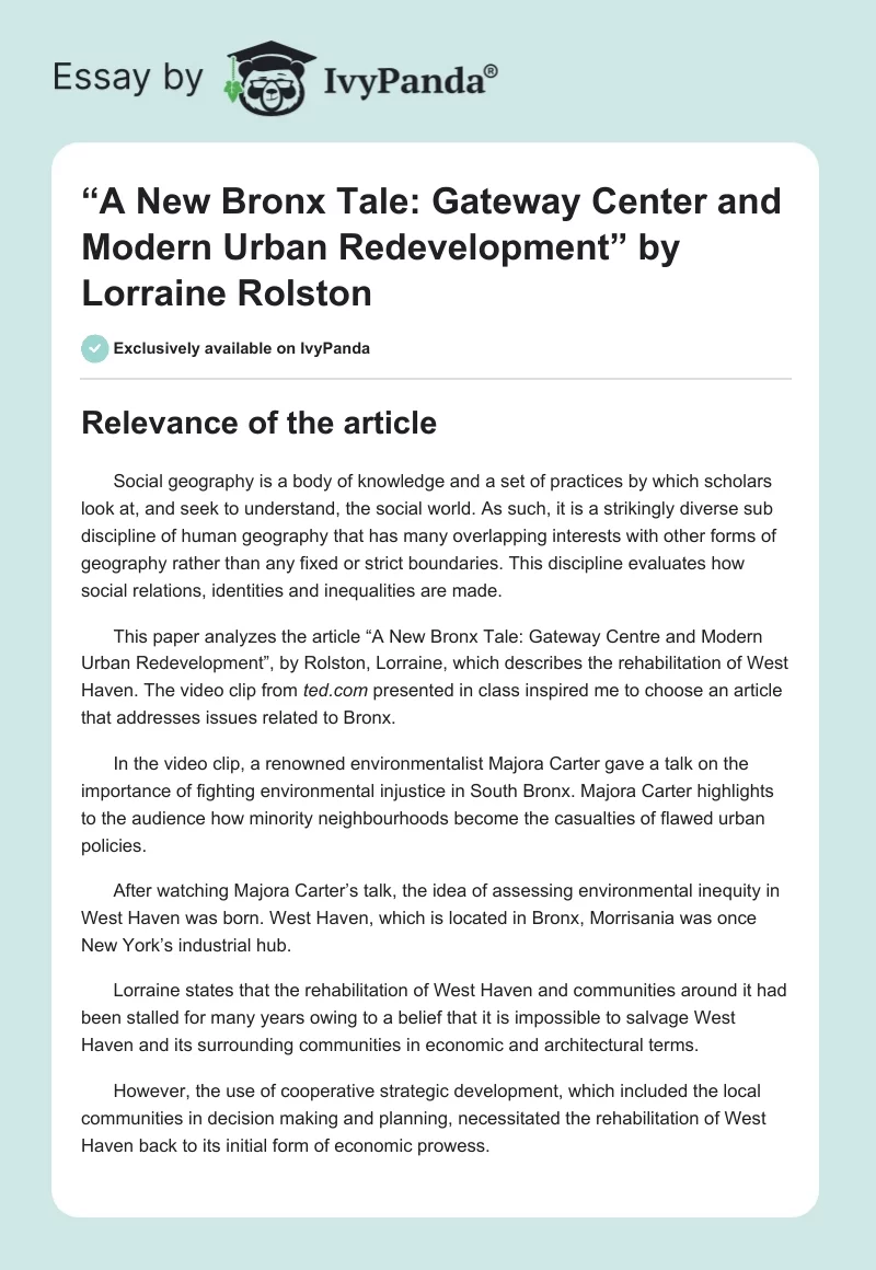“A New Bronx Tale: Gateway Center and Modern Urban Redevelopment” by Lorraine Rolston. Page 1