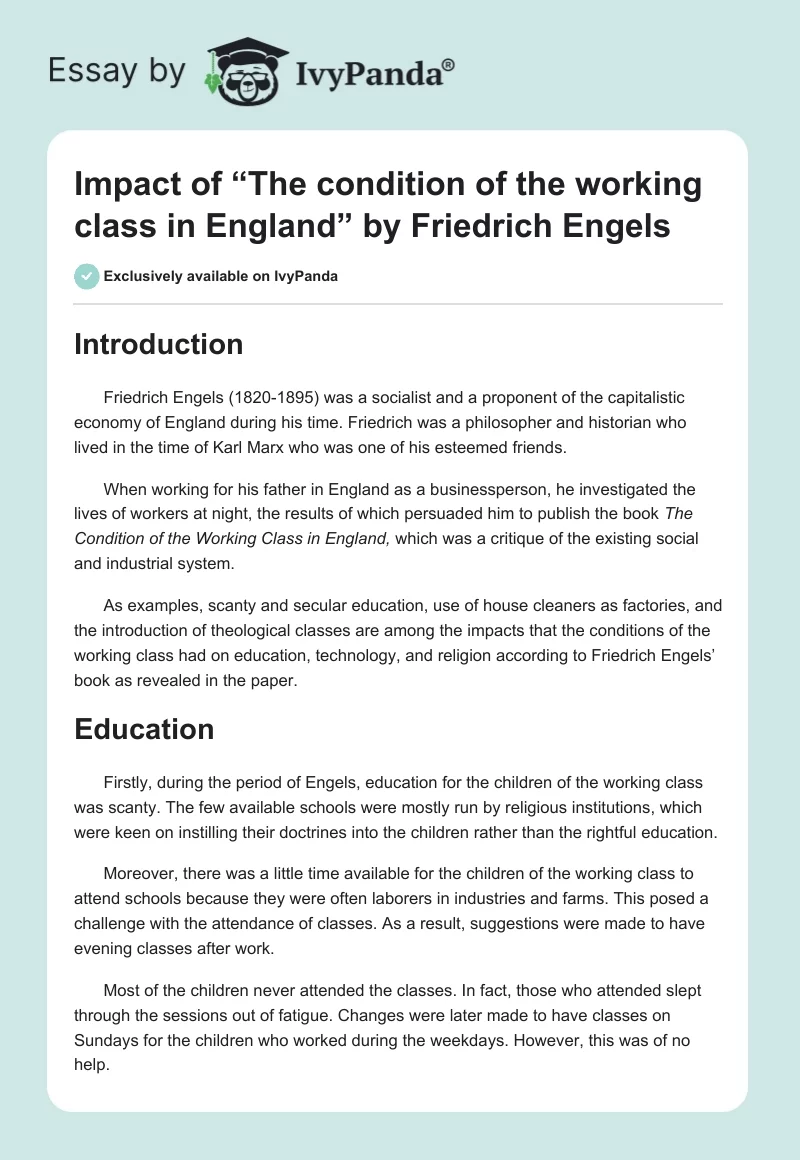 Impact of “The condition of the working class in England” by Friedrich Engels. Page 1