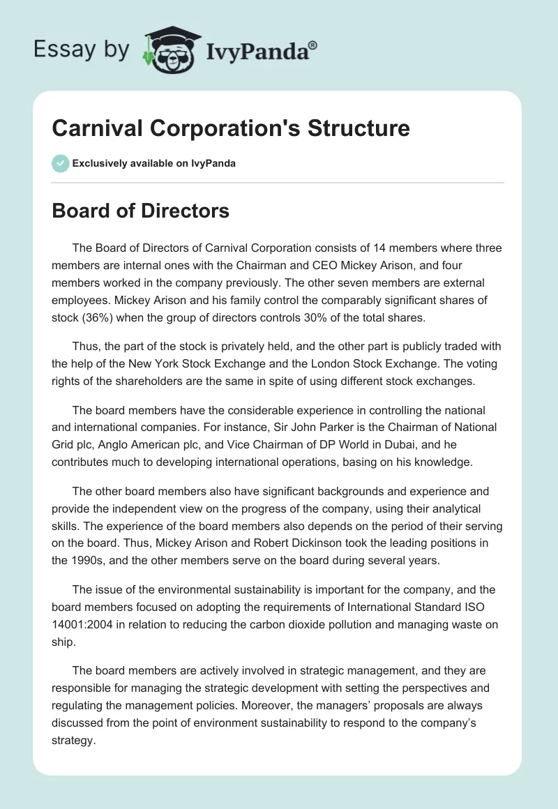 Carnival Corporation's Structure. Page 1
