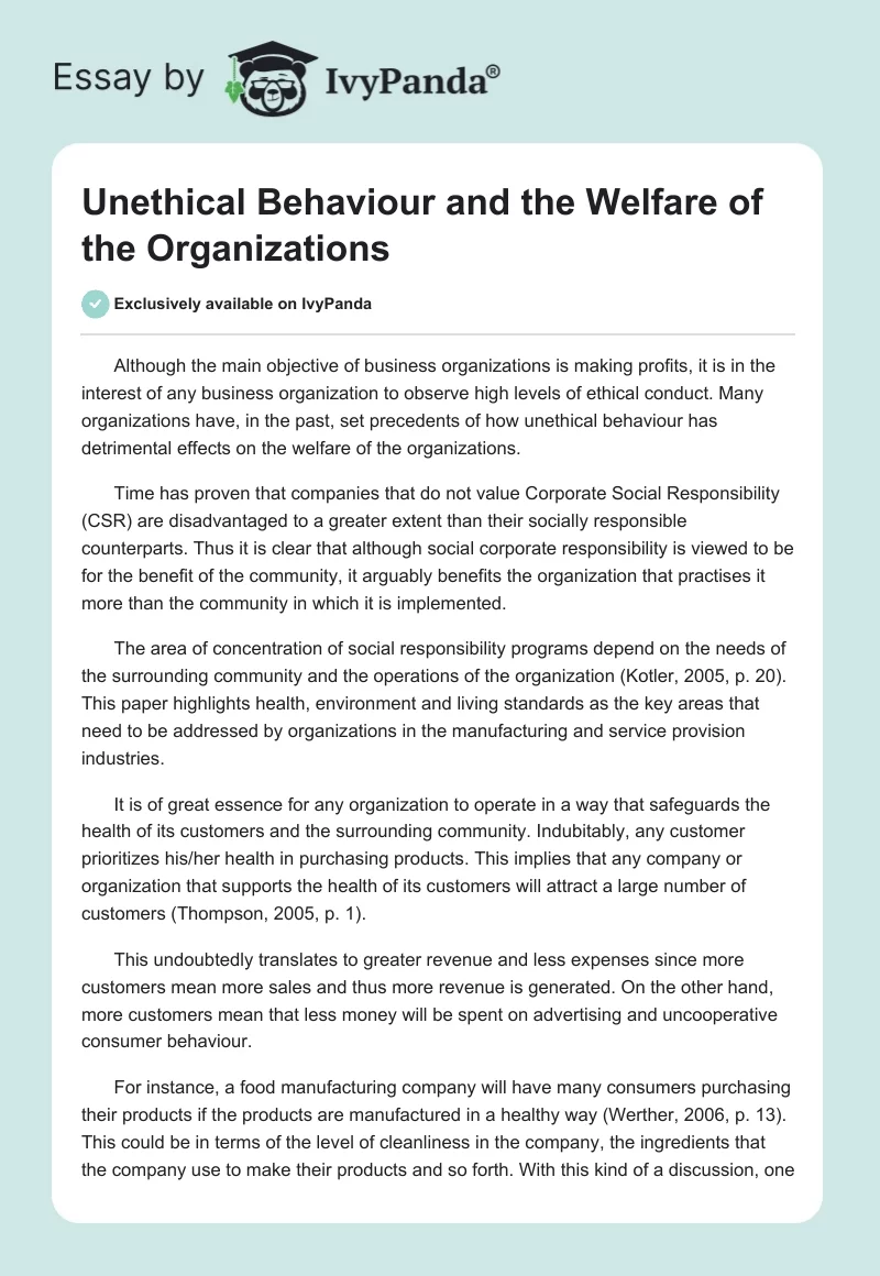 Unethical Behaviour and the Welfare of the Organizations. Page 1