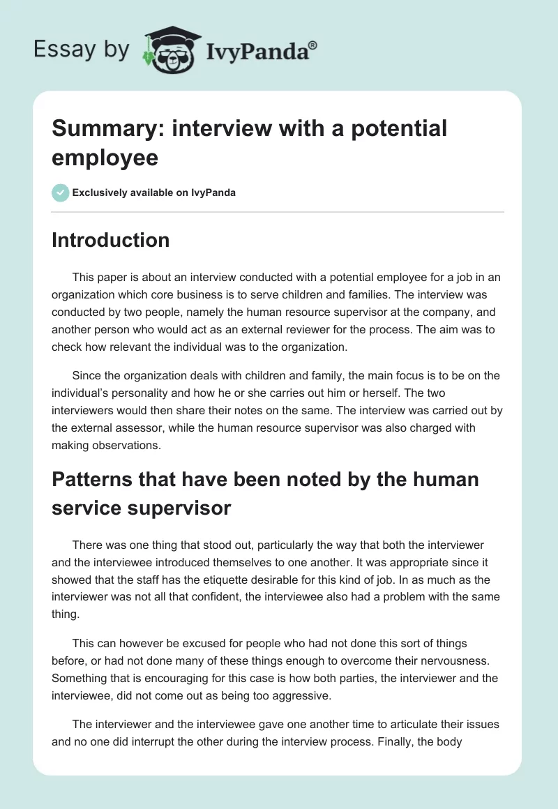 Summary: interview with a potential employee. Page 1