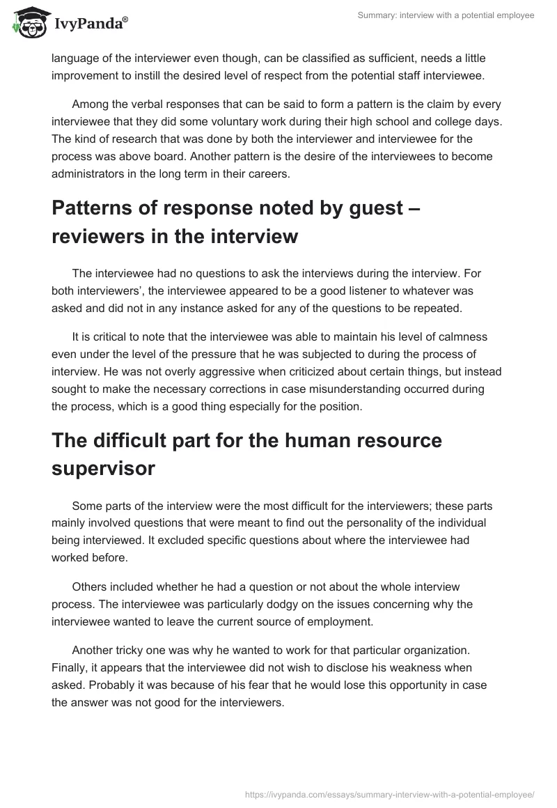 Summary: interview with a potential employee. Page 2