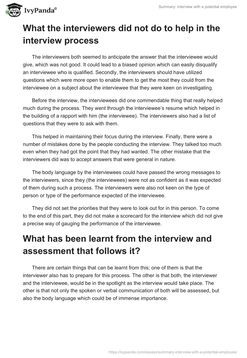 Summary: interview with a potential employee. Page 3