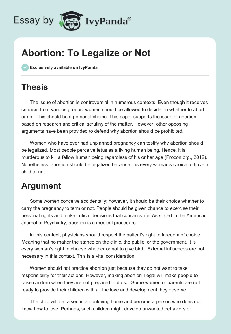 Abortion: To Legalize or Not. Page 1