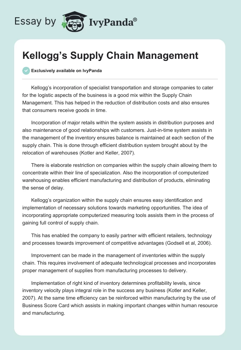 Kellogg’s Supply Chain Management. Page 1