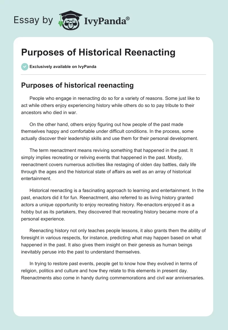 Purposes of Historical Reenacting. Page 1