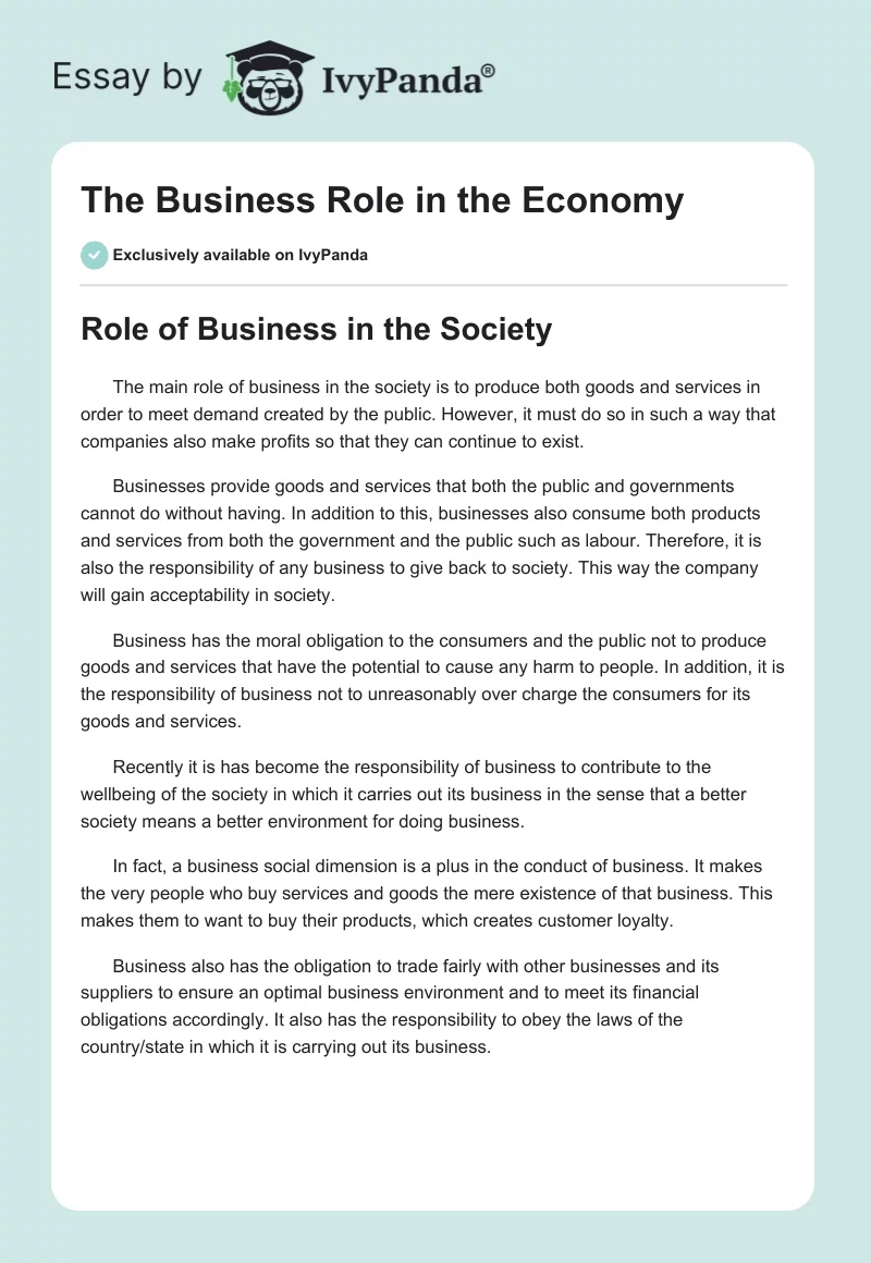 The Business Role in the Economy. Page 1