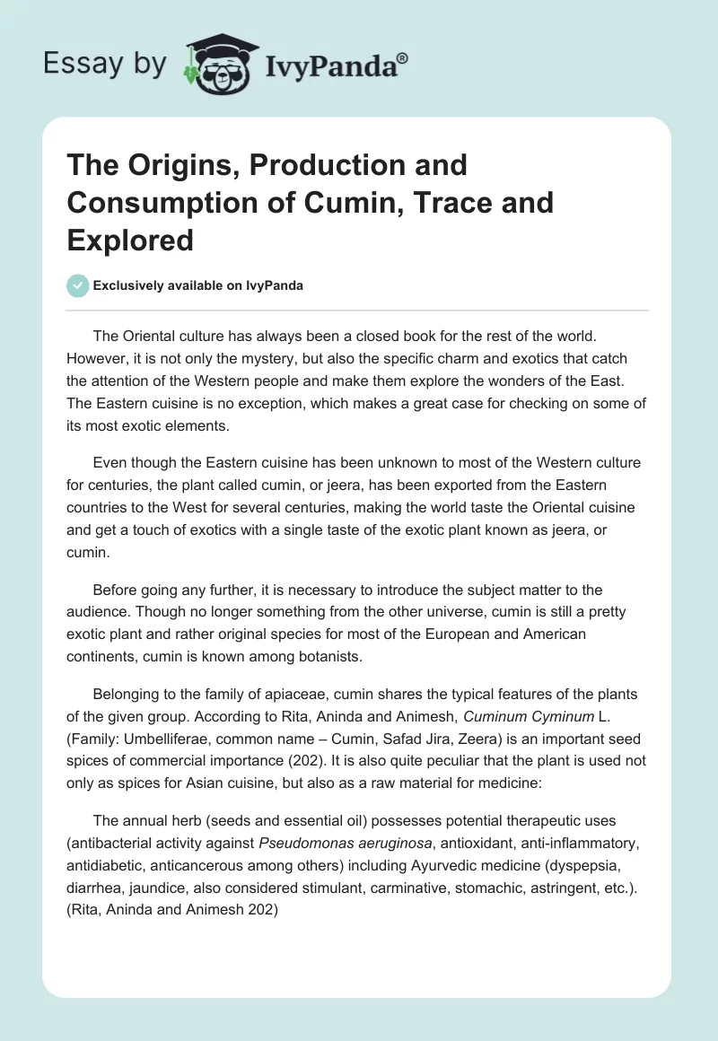 The Origins, Production and Consumption of Cumin, Trace and Explored. Page 1
