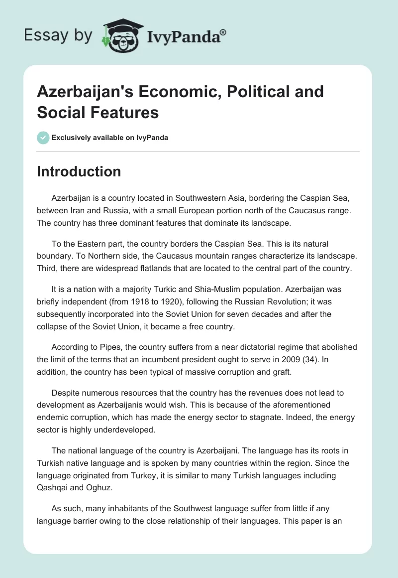 Azerbaijan's Economic, Political and Social Features. Page 1