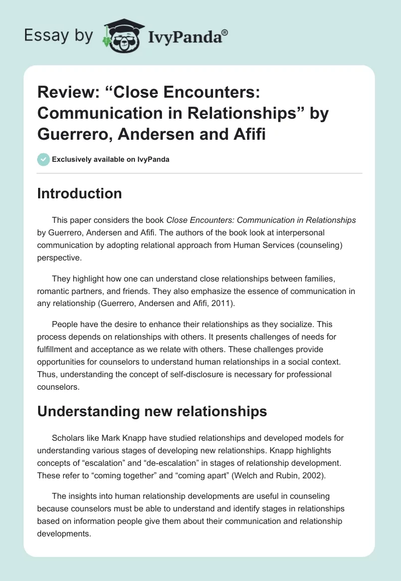Review: “Close Encounters: Communication in Relationships” by Guerrero, Andersen and Afifi. Page 1