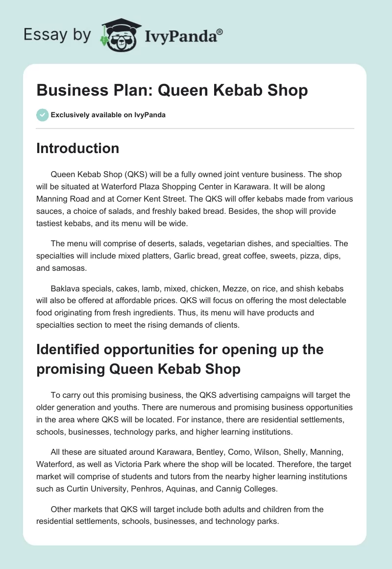 Business Plan: Queen Kebab Shop. Page 1