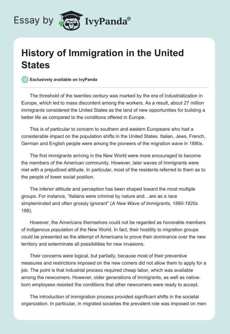 History of Immigration in the United States. Page 1