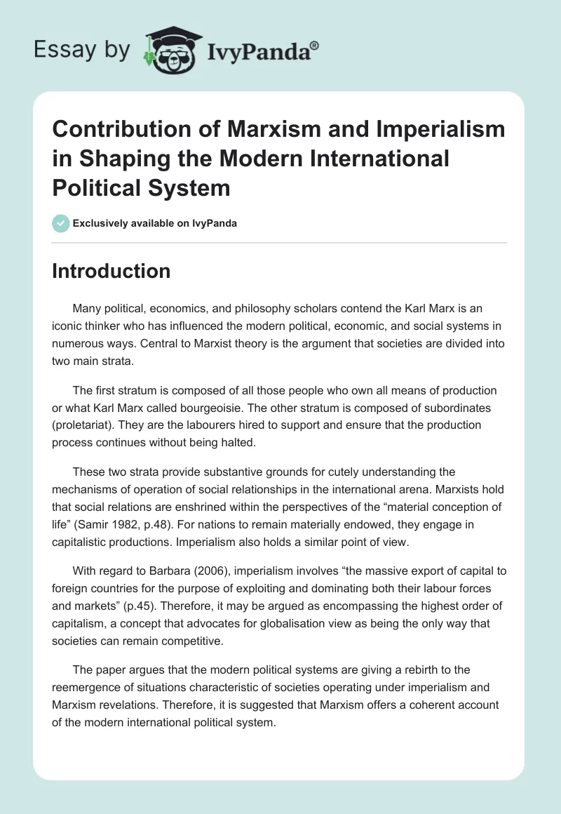 Contribution of Marxism and Imperialism in Shaping the Modern International Political System. Page 1