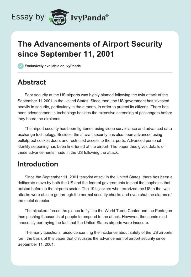The Advancements of Airport Security Since September 11, 2001. Page 1