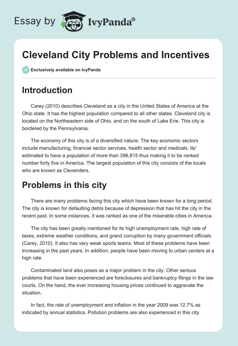 Cleveland City Problems and Incentives. Page 1