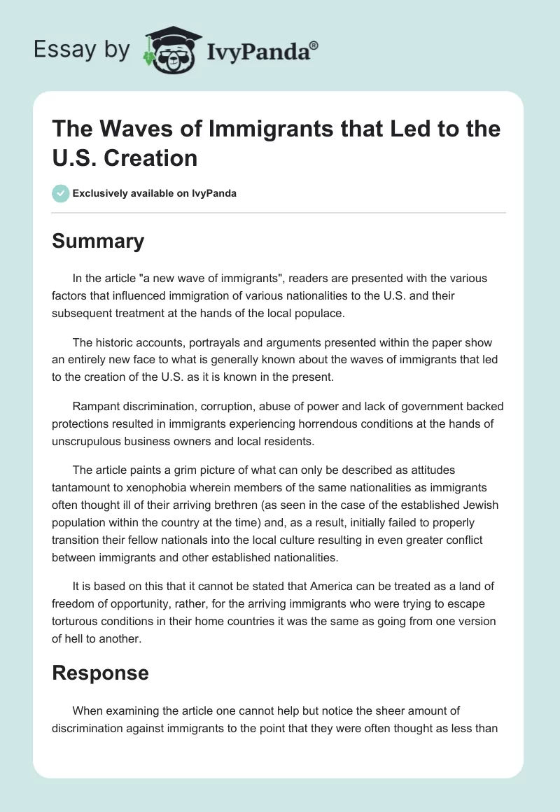 The Waves of Immigrants that Led to the U.S. Creation. Page 1