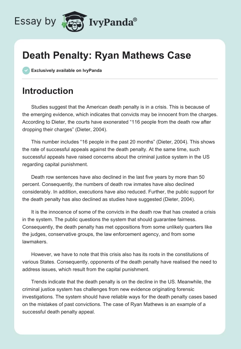 Death Penalty: Ryan Mathews Case. Page 1