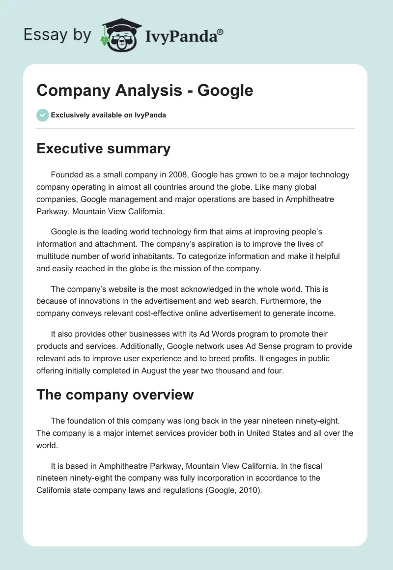 Company Analysis - Google. Page 1