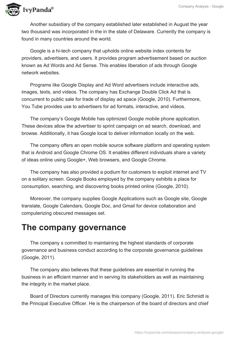 Company Analysis - Google. Page 2