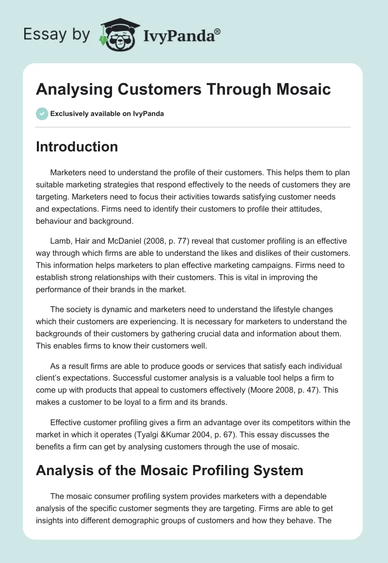 Analysing Customers Through Mosaic. Page 1