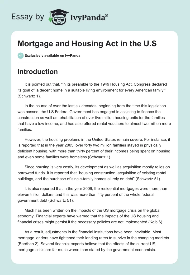 Mortgage and Housing Act in the U.S. Page 1