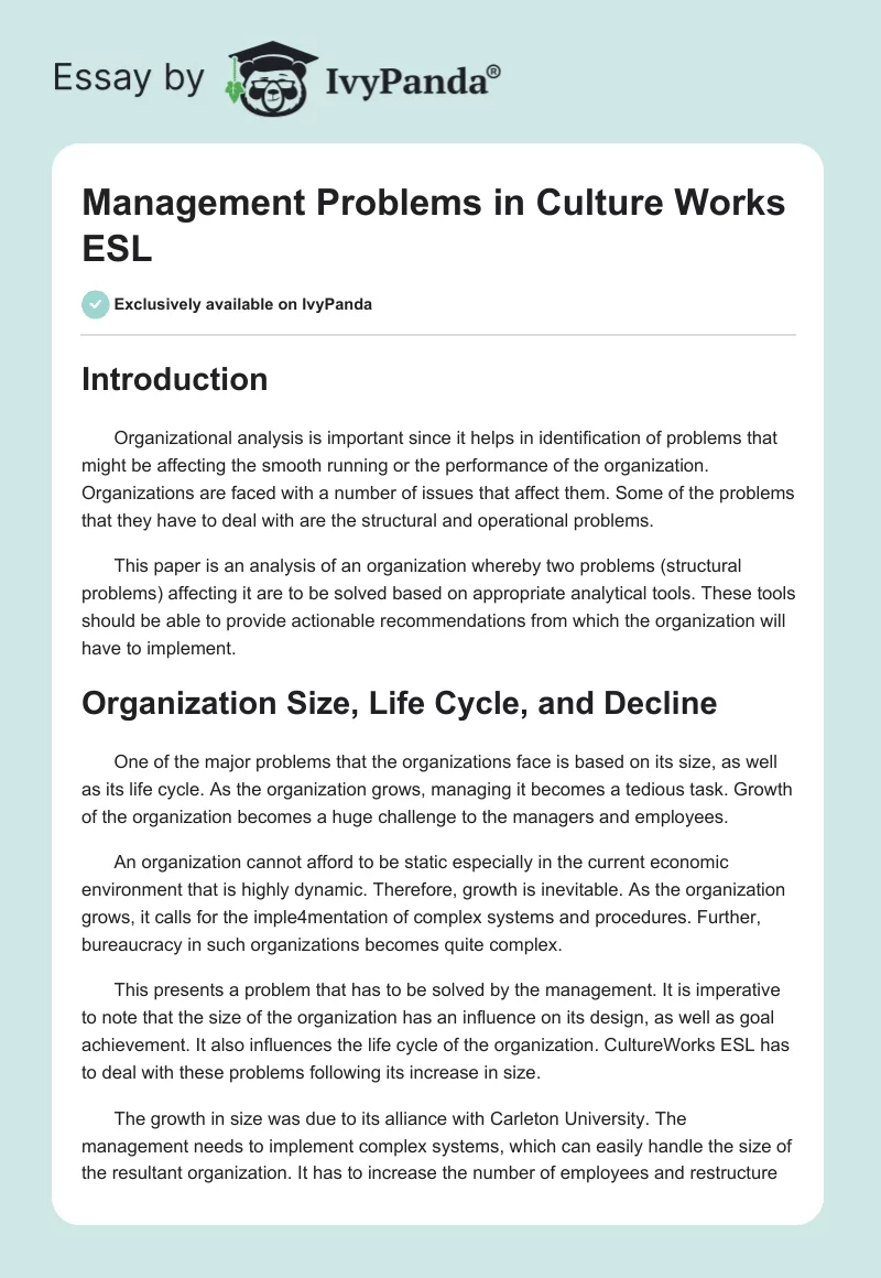 Management Problems in Culture Works ESL. Page 1